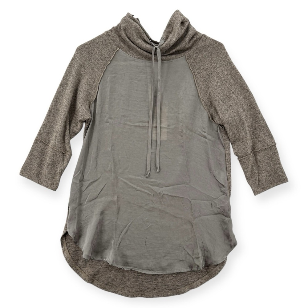 H.I.P. Funnel Neck Top Womens Small Grey High Low Tunic Knit Mixed Media NWT